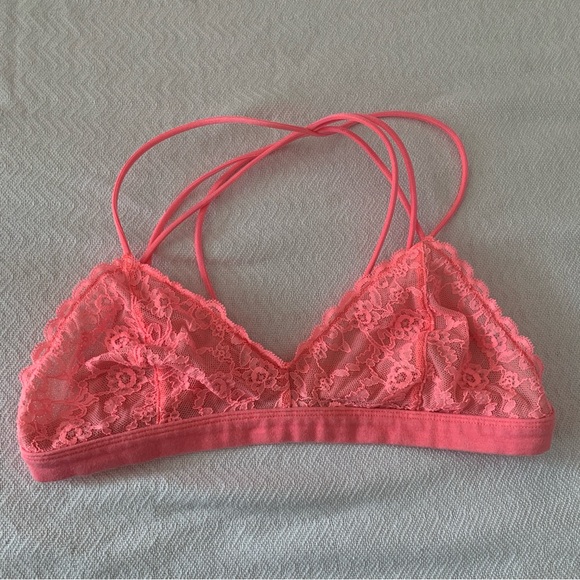 Women’s Medium VICTORIA’S SECRET Neon Pink Coral Lace Strappy Bralette Bra - Picture 1 of 6